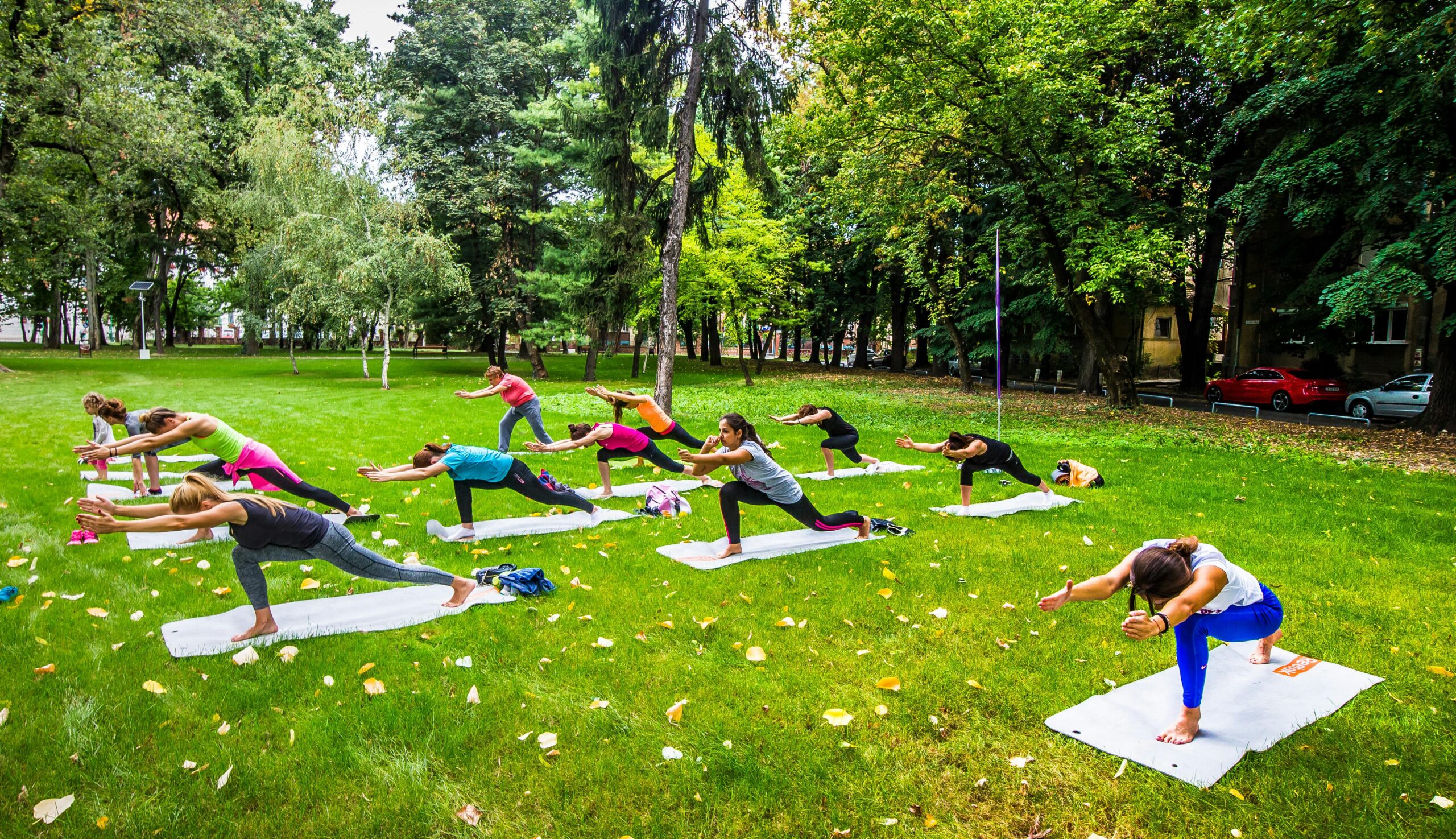 Donne che praticano yoga in un parco