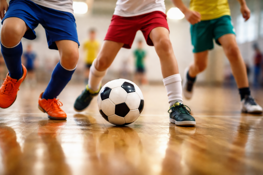 Dettaglio di mabini che giocano a calcio in palestra_generato con IA