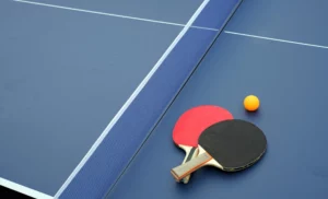 Due racchette da ping pong e la pallina sul tavolo da gioco