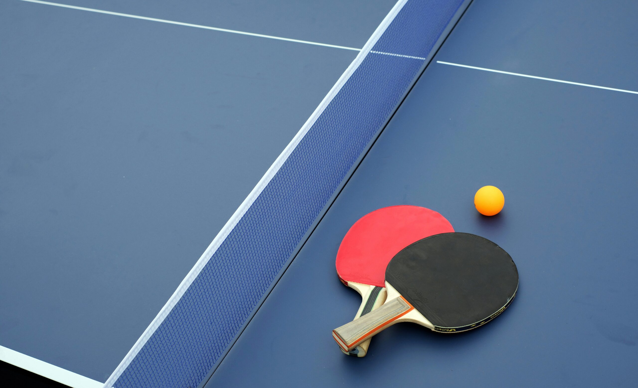 Due racchette da ping pong e la pallina sul tavolo da gioco